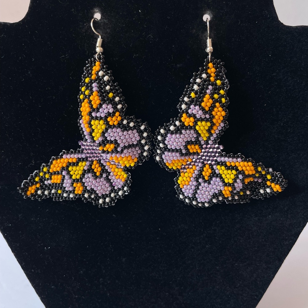 Butterfly Beaded Earrings - Purple and Orange - Picture 1 of 3